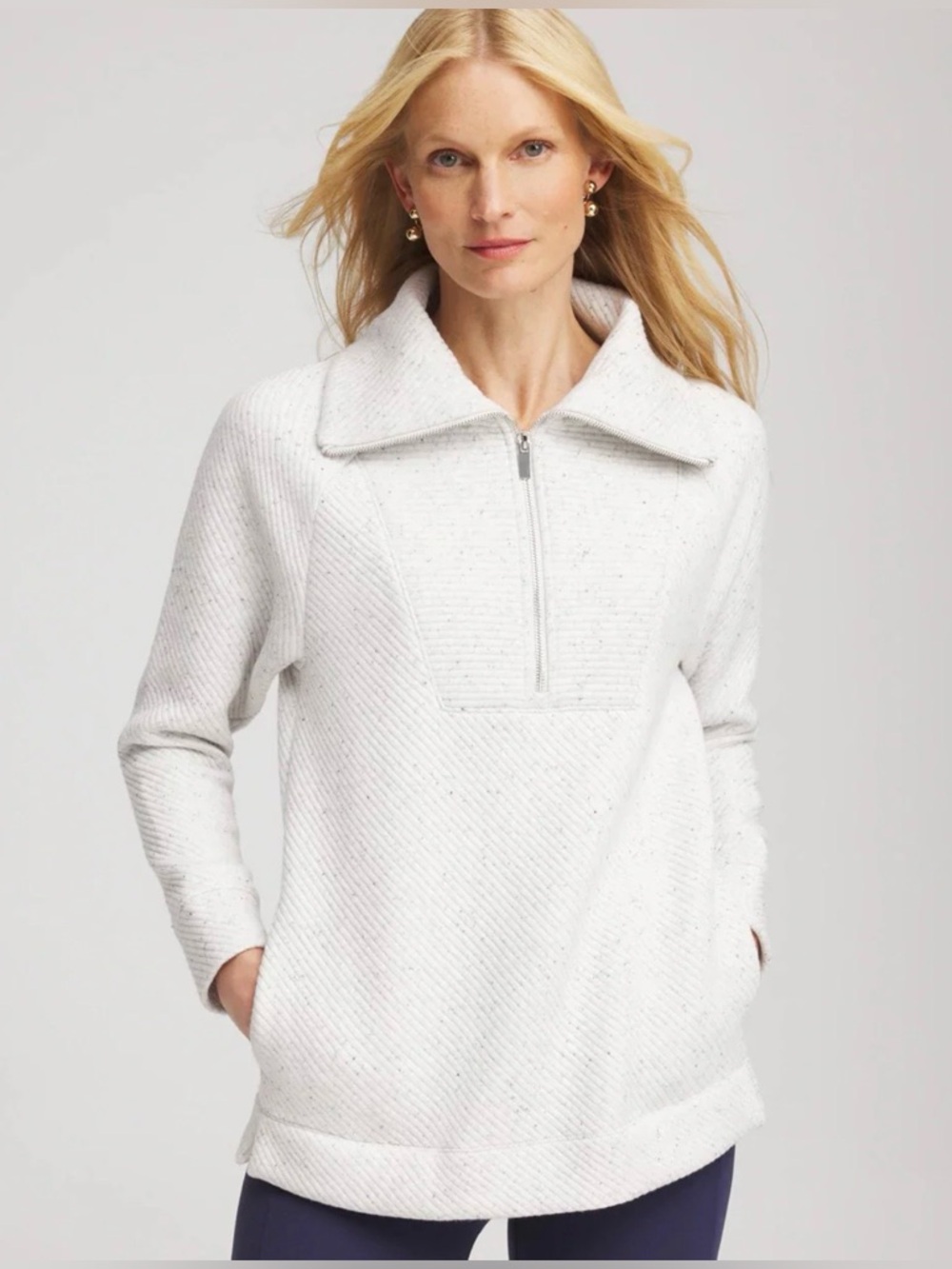 🛍️NWT Chico's Small White/Heather Gray Quarter-Zip Zenergy Textured Rib Tunic